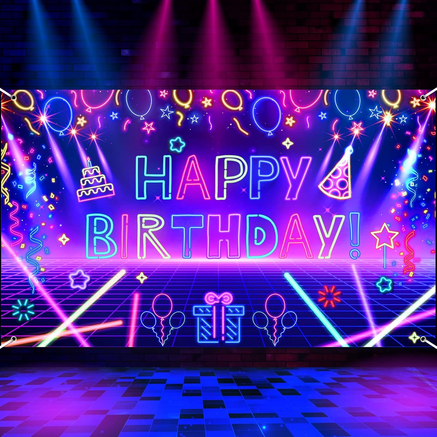Let'S Party Event Supply - 写真撮影用背景幕 グローネオン 誕生日パーティー バナー装飾 ハッピーバースデー レットグローパーティー