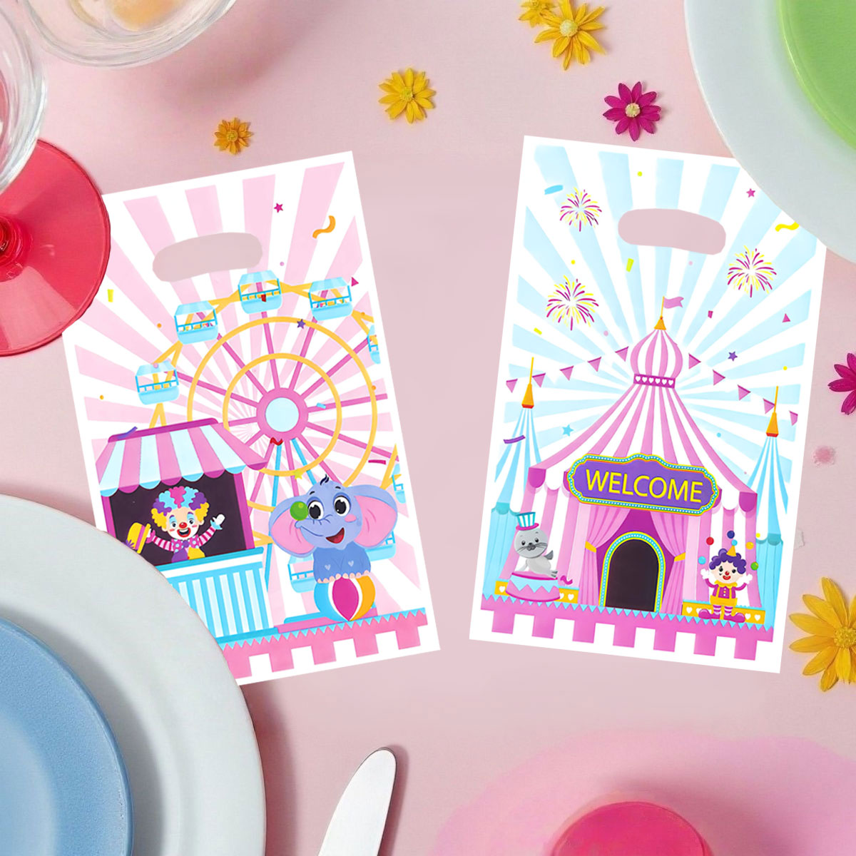 Party Event Supply Store - 20個/40個入りパーティーギフトバッグ、遊園地やサーカスをテーマにしたギフトバッグ、ピエロとゾウのデザインが特徴、誕生日、フェスティバル、パーティー、イベント、ギフト包装袋、パーティー記念品包装袋、イベントやパーティー用品、オフィスギフトに最適、持ち運びが簡単、保管も簡単。