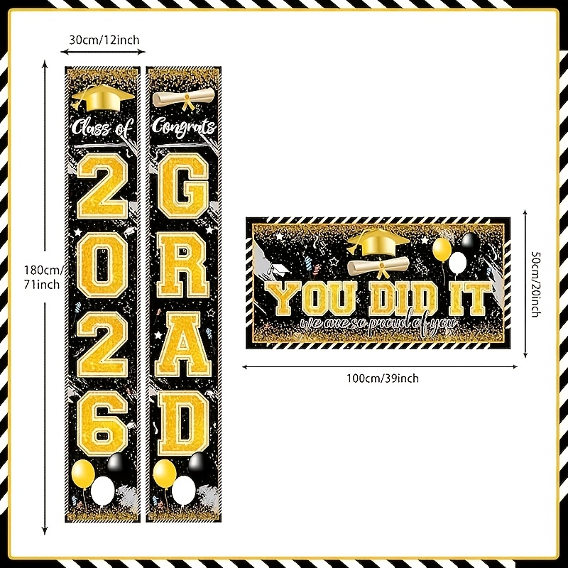 Party Banner Gold - 2D 3枚セット 2026年卒業式バナー、黒金/青/ピンクの「Congrats Grad」ポーチサイン、高校・大学のパーティー装飾用