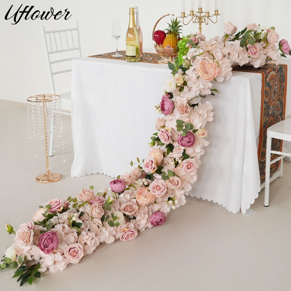 Flower Wall Panel - Uflower 200cm ピンクローズアジサイ造花列 ウェディング背景壁装飾テーブルセンターピースフラワーパーティーステージ小道具