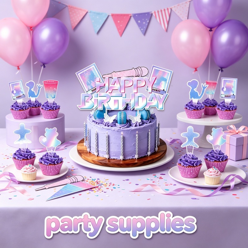 Table Cloth Disposable - ホットアニメ映画 KPOP ピンクとパープル使い捨て食器テーブルクロスナプキン誕生日パーティーシーン装飾カップケーキケーキフラグ新