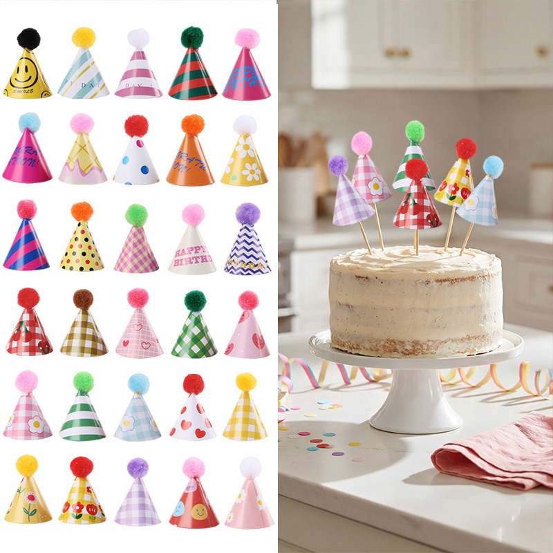 Party Hat Cone - 15/30 個ミニパーティーハットケーキトッパーカラフルなポンポンコーンカップケーキトッパーかわいい誕生日ケーキ DIY デコレーションパーティー用品用