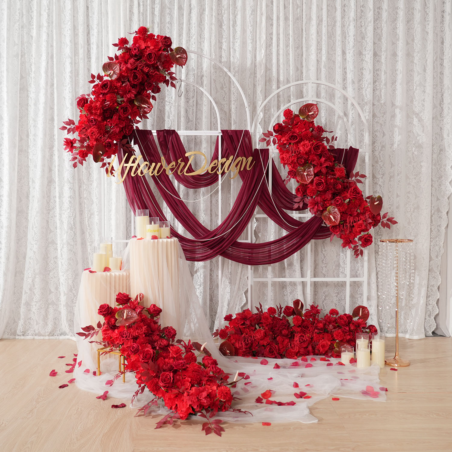 Flower Wall Panel - Uフラワー レッドフラワー列 ウェディングアーチ装飾背景 テーブルセンターピース イベント小道具 フロアロードイベントフラワーアレンジメント