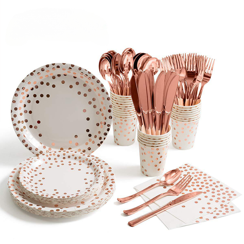 Paper Straw Color - ローズゴールドパーティー食器キットテーブルクロスナイフフォークスプーン紙コッププレートストローベビーシャワー結婚式誕生日パーティーの装飾