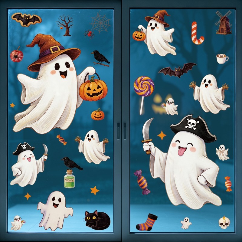 Party Event Supply Store - ハロウィンステッカー キャンディーバー ゴーストウィンドウクリング 静電ステッカー パンプキンバットシーンデコレーション 店舗ウィンドウパーティー用品