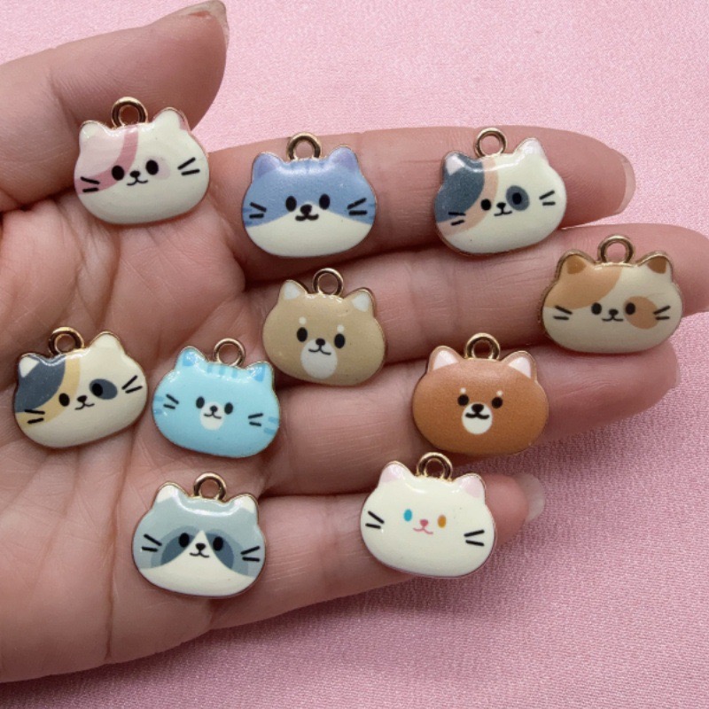 Event Party - 12個入りプリント猫ヘッド合金ドリップオイルペンダント、DIYジュエリー製作イヤリング、キーホルダー、アクセサリー