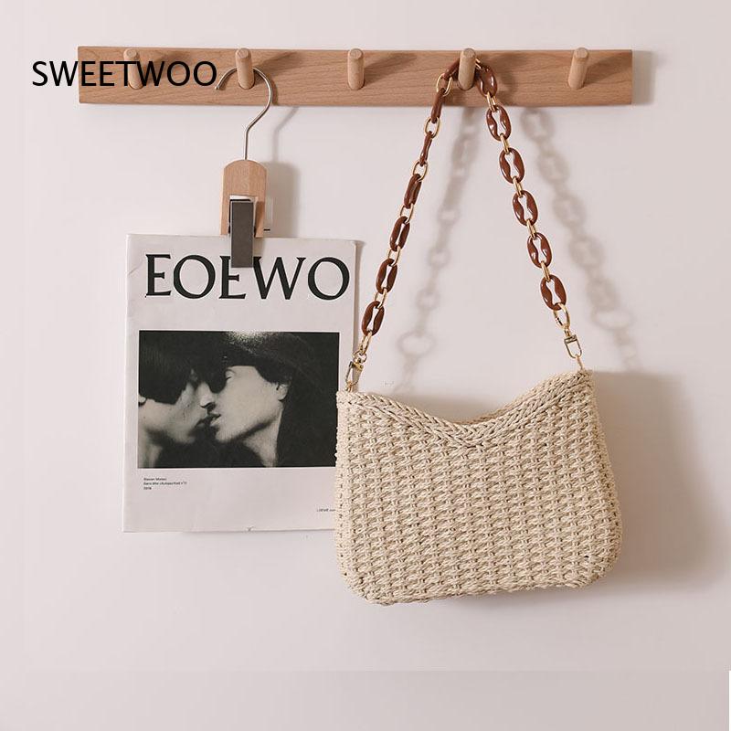 ソリッドカラー中空織りわらショルダーバッグ脇の下ハンドバッグ - Paper Straw Color のレビューと価格
