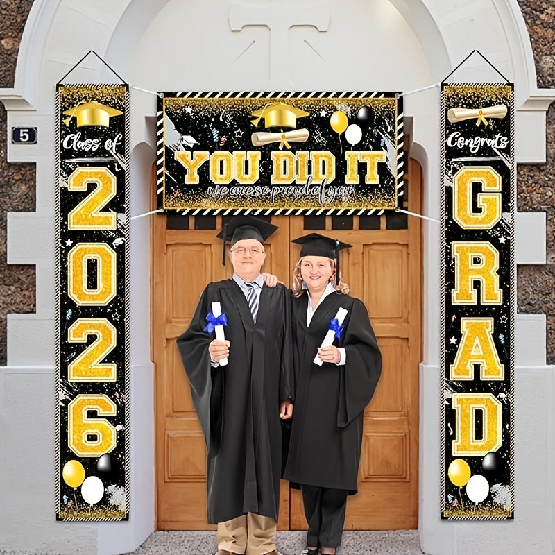 2D 3枚セット 2026年卒業式バナー、黒金/青/ピンクの - Party Banner Gold のレビューと価格