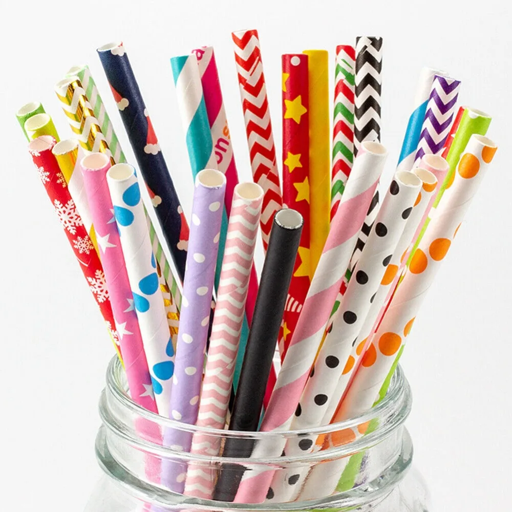 100 個バルクパック紙ストローパターンカラー - 生分解性 - Paper Straw Color のレビューと価格