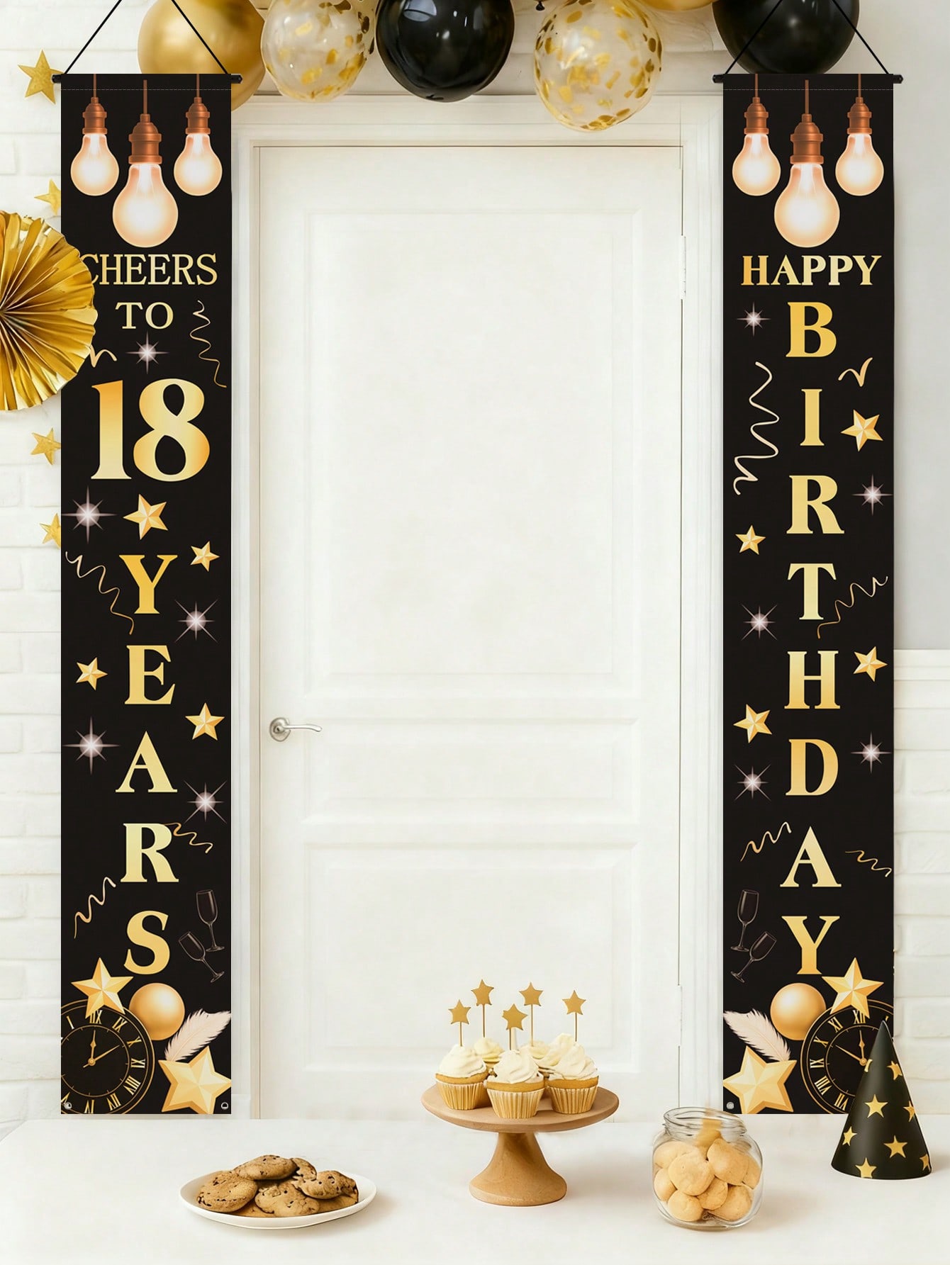 18歳の誕生日お祝いバナー1組、ブラックとゴールドのテーマ、 - Party Banner Gold のレビューと価格