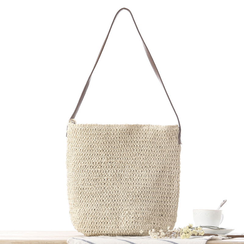 麦わらショルダー織りビーチソリッドカラーペーパーカジュアルサ - Paper Straw Color のレビューと価格