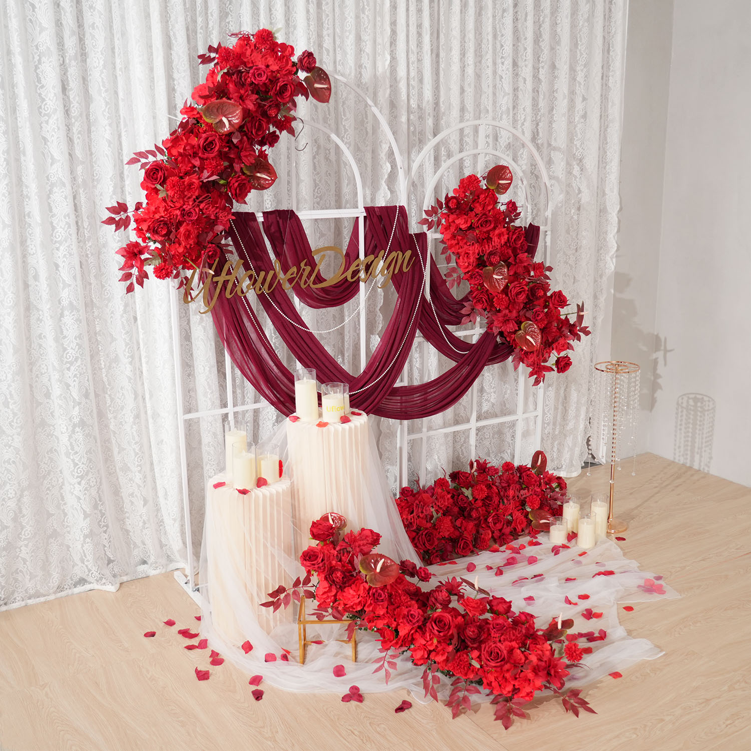 Uフラワー レッドフラワー列 ウェディングアーチ装飾背景 テ - Flower Wall Panel のレビューと価格