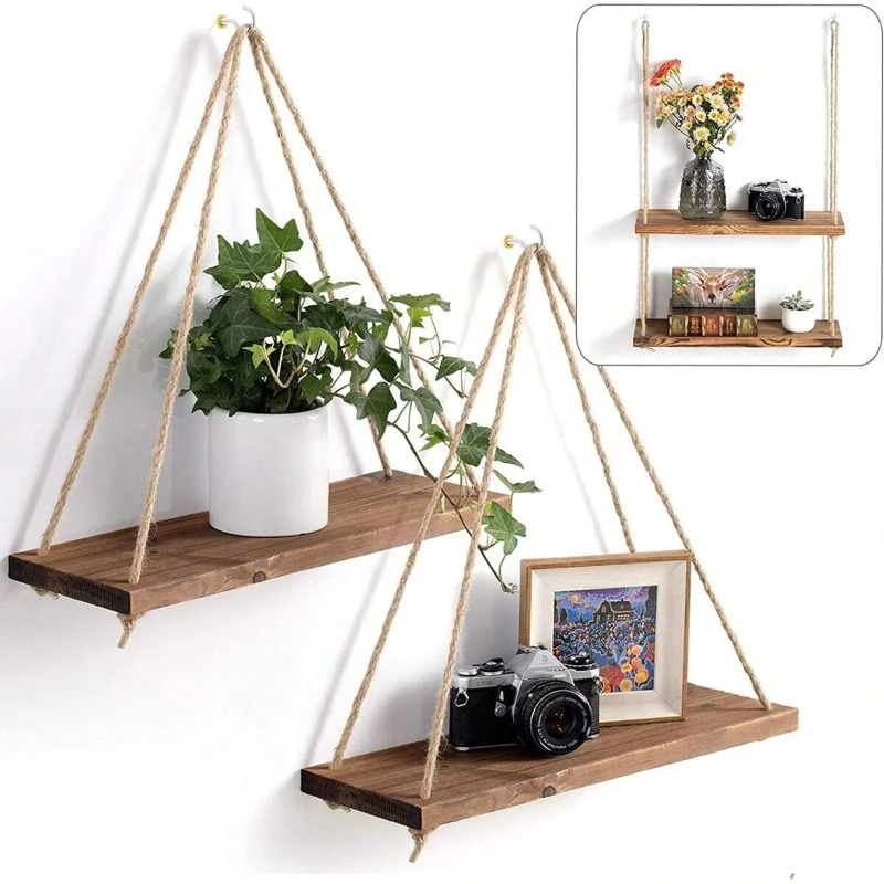 1PC 木製スイングぶら下げ麻ロープ壁棚マウントフローティン - Flower Wall Panel のレビューと価格