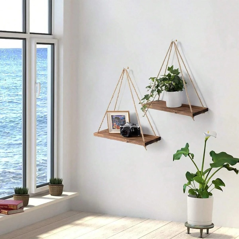 1PC 木製スイングぶら下げ麻ロープ壁棚マウントフローティン - Flower Wall Panel のレビューと価格