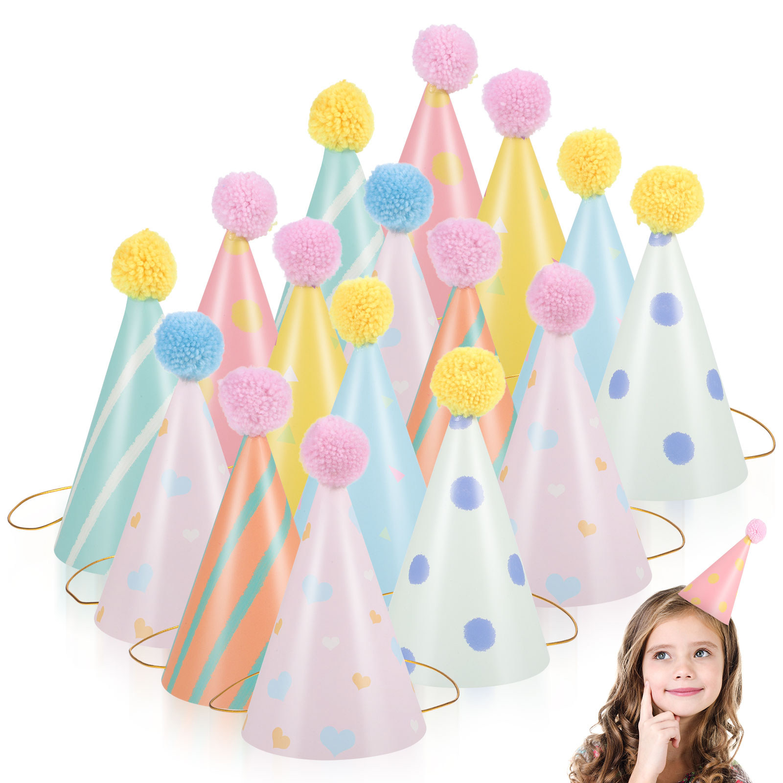 14個入り紙製誕生日帽子 子供用 円錐形パーティーハット ポ - Party Hat Cone のレビューと価格