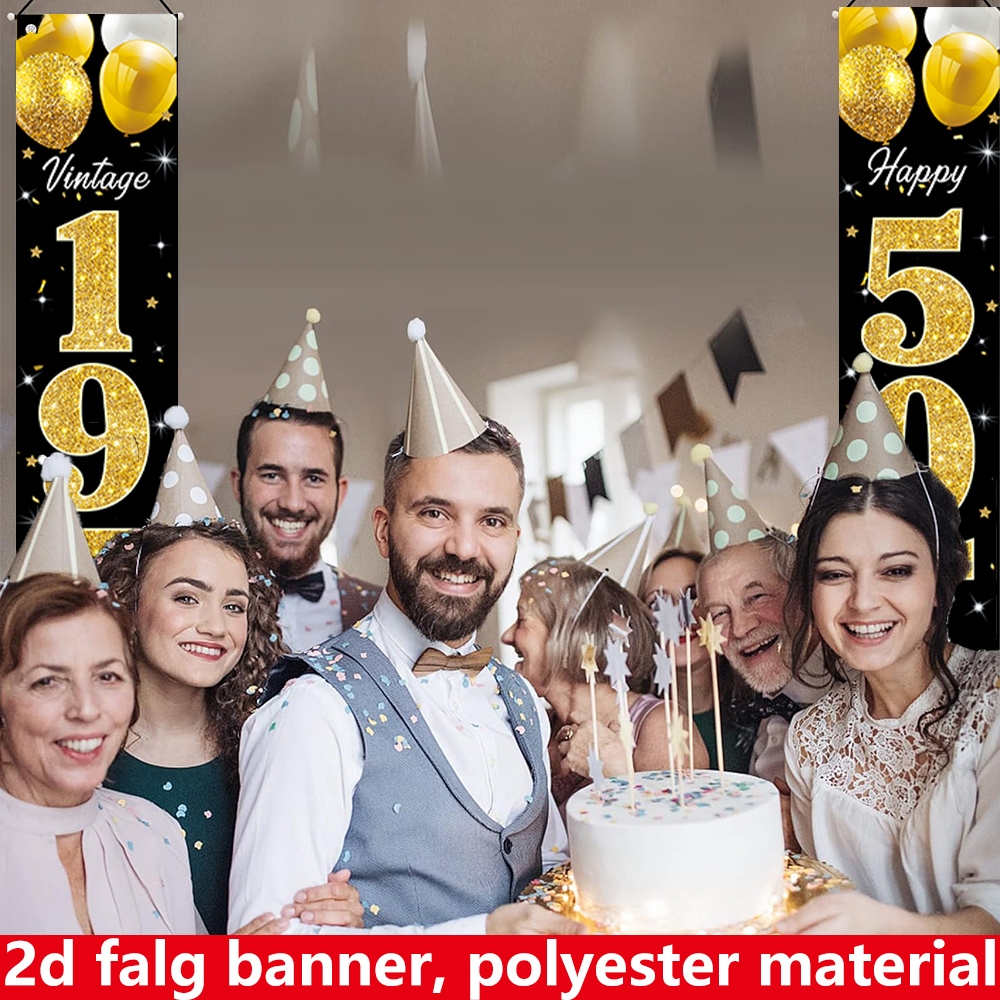 2Dフラットバナー、2枚組誕生日バナー、ポリエステル素材、7 - Party Banner Gold のレビューと価格