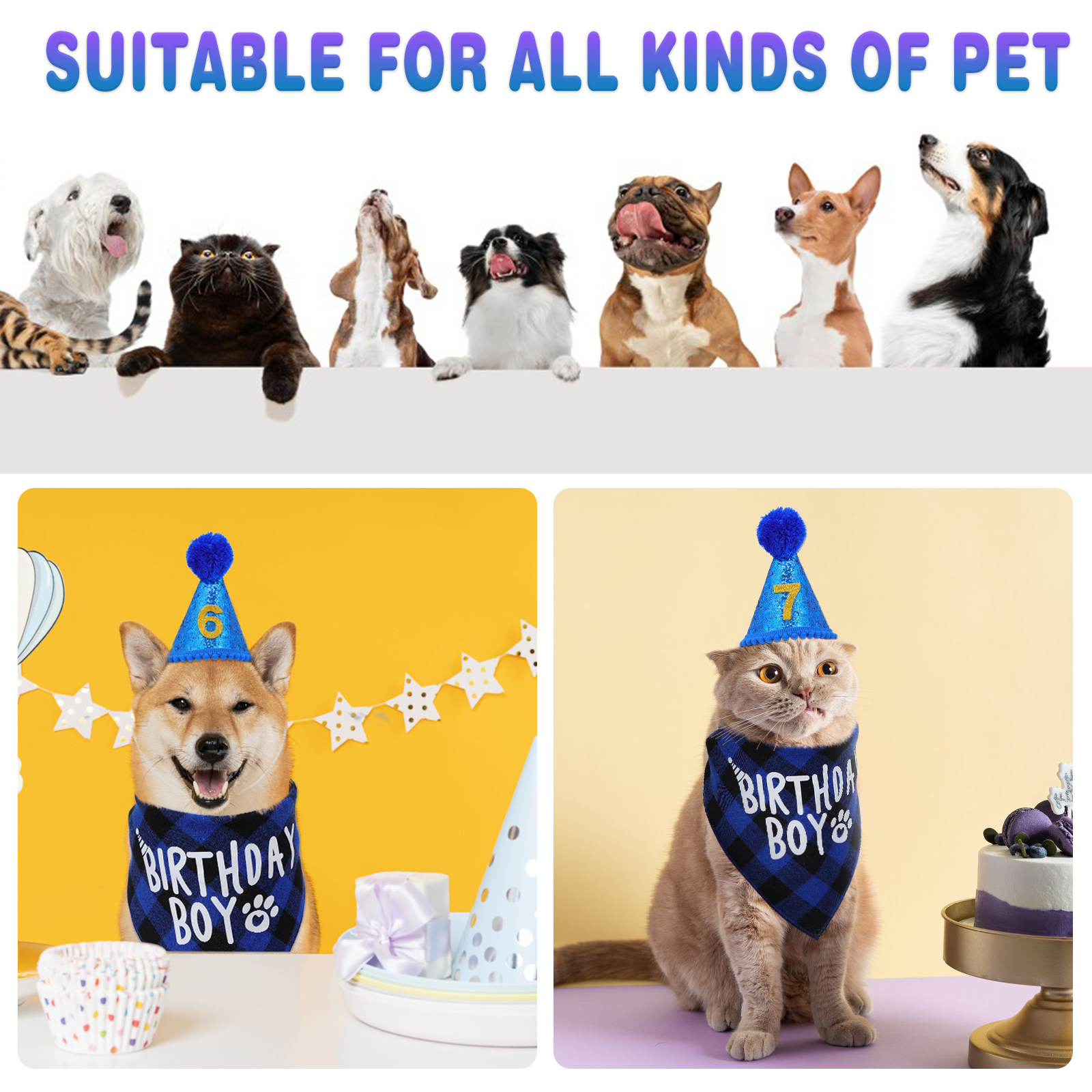 1セットの犬用誕生日バンダナセット、格子柄のバンダナ、キラキ - Party Hat Cone のレビューと価格
