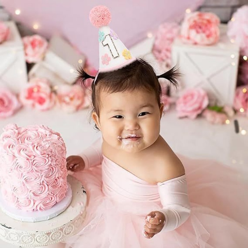 カラフルなフラワー1歳半誕生日コーンハット 女の子用、ベビー - Party Hat Cone のレビューと価格