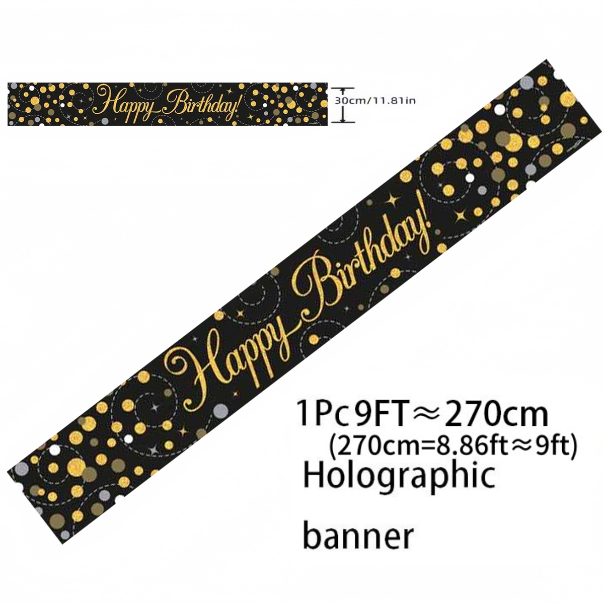 ブラックゴールドホログラフィック誕生日バナー 9フィート グ - Party Banner Gold のレビューと価格